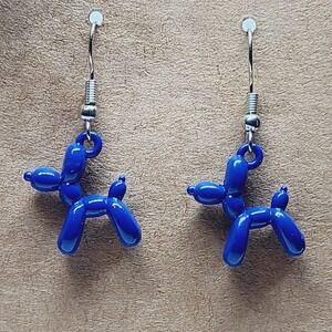 Handmade Dark Blue Balloon Dog Drop Earrings Glossy Animal Charm Pop Art Jewelry